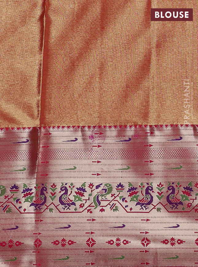 Tissue paithani silk saree green and pink with allover zari woven brocade weaves and long zari woven paithani style border