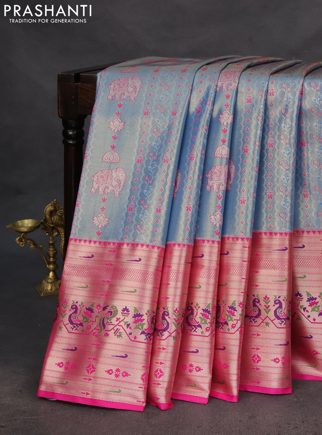 Tissue paithani silk saree blue and pink with allover zari woven brocade weaves and long zari woven paithani style border