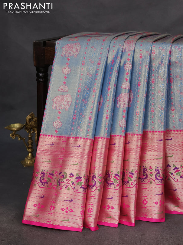 Tissue paithani silk saree blue and pink with allover zari woven brocade weaves and long zari woven paithani style border
