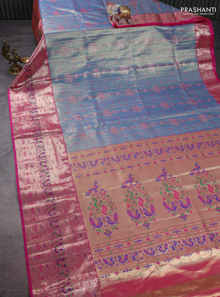 Tissue paithani silk saree blue and pink with allover zari woven brocade weaves and long zari woven paithani style border
