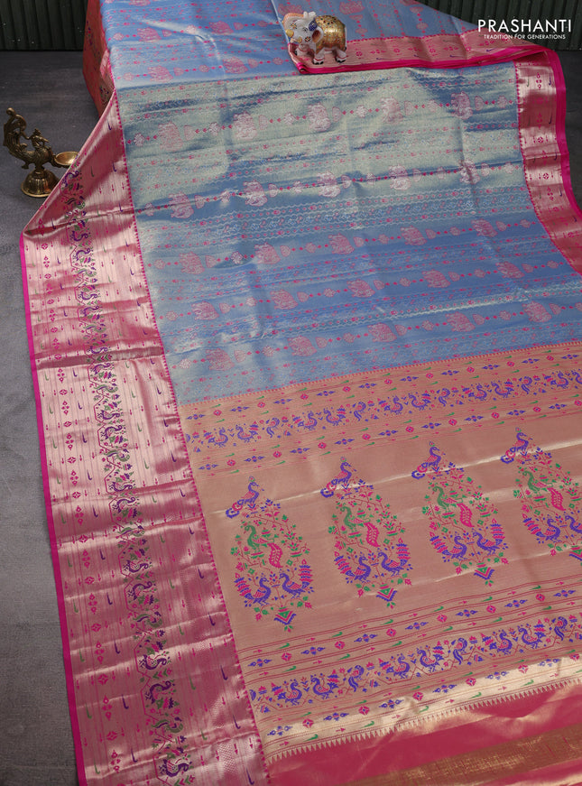 Tissue paithani silk saree blue and pink with allover zari woven brocade weaves and long zari woven paithani style border