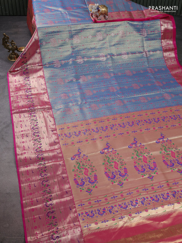 Tissue paithani silk saree blue and pink with allover zari woven brocade weaves and long zari woven paithani style border