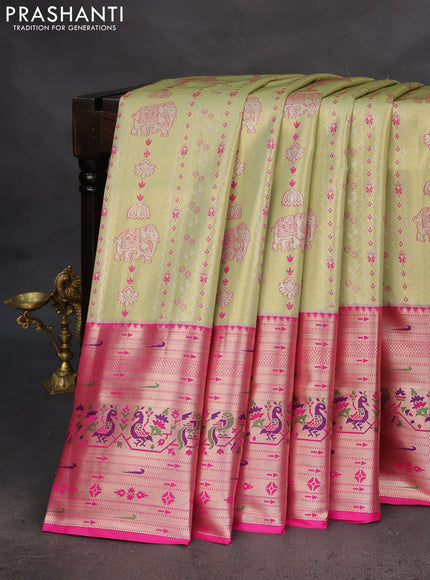 Tissue paithani silk saree pista green and pink with allover zari woven brocade weaves and long zari woven paithani style border