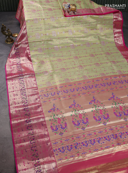 Tissue paithani silk saree pista green and pink with allover zari woven brocade weaves and long zari woven paithani style border