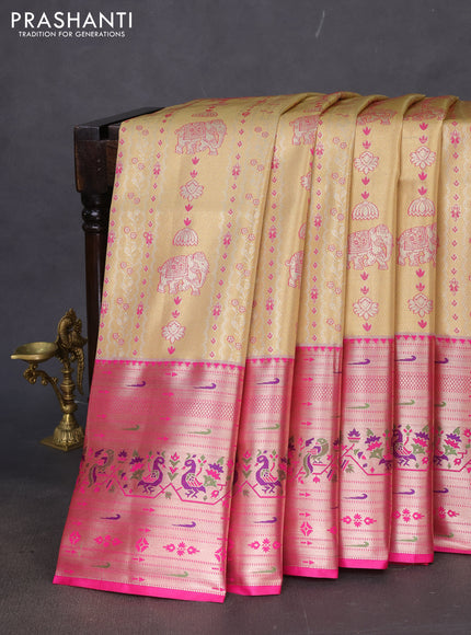 Tissue paithani silk saree gold and pink with allover zari woven brocade weaves and long zari woven paithani style border