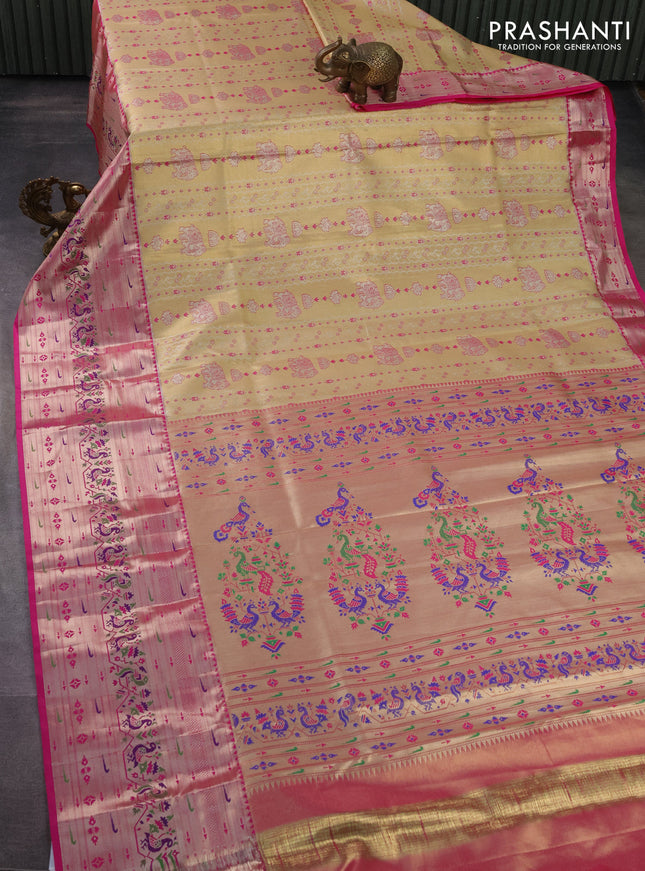 Tissue paithani silk saree gold and pink with allover zari woven brocade weaves and long zari woven paithani style border