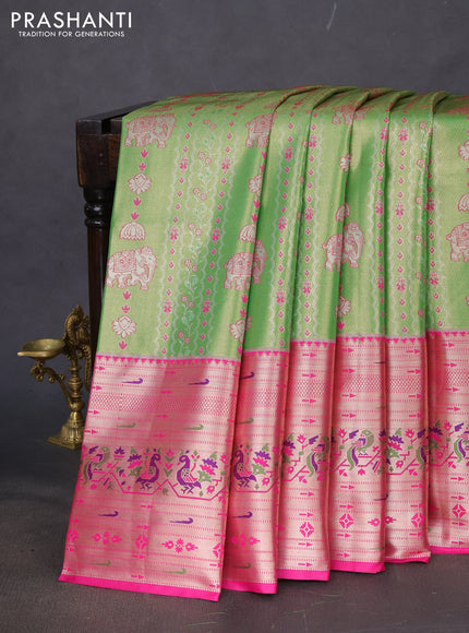 Tissue paithani silk saree light green and pink with allover zari woven brocade weaves and long zari woven paithani style border