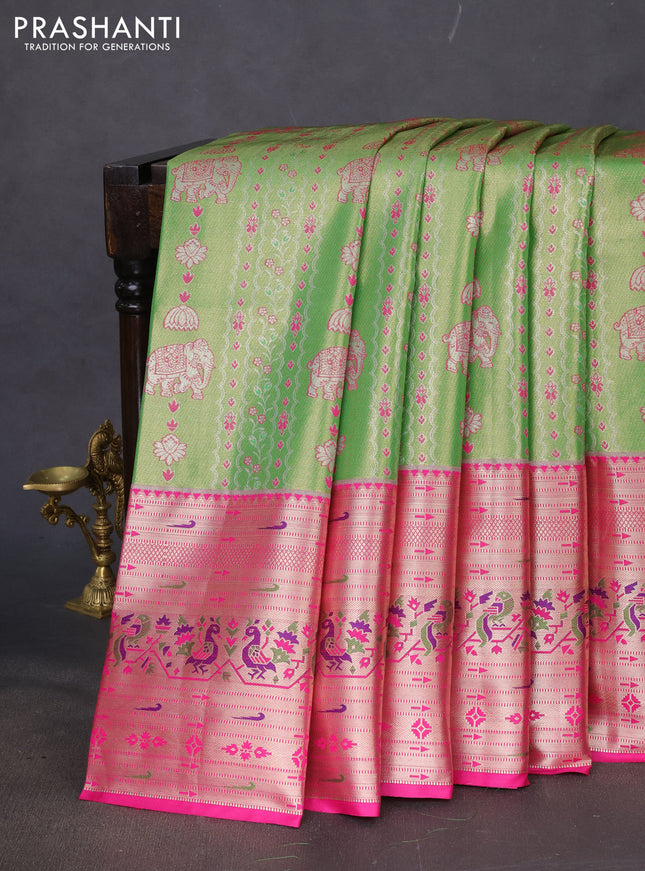 Tissue paithani silk saree light green and pink with allover zari woven brocade weaves and long zari woven paithani style border