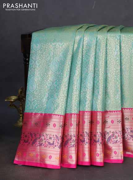 Tissue paithani silk saree teal shade and pink with allover zari woven brocade weaves and zari woven paithani style border