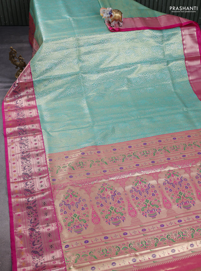 Tissue paithani silk saree teal shade and pink with allover zari woven brocade weaves and zari woven paithani style border