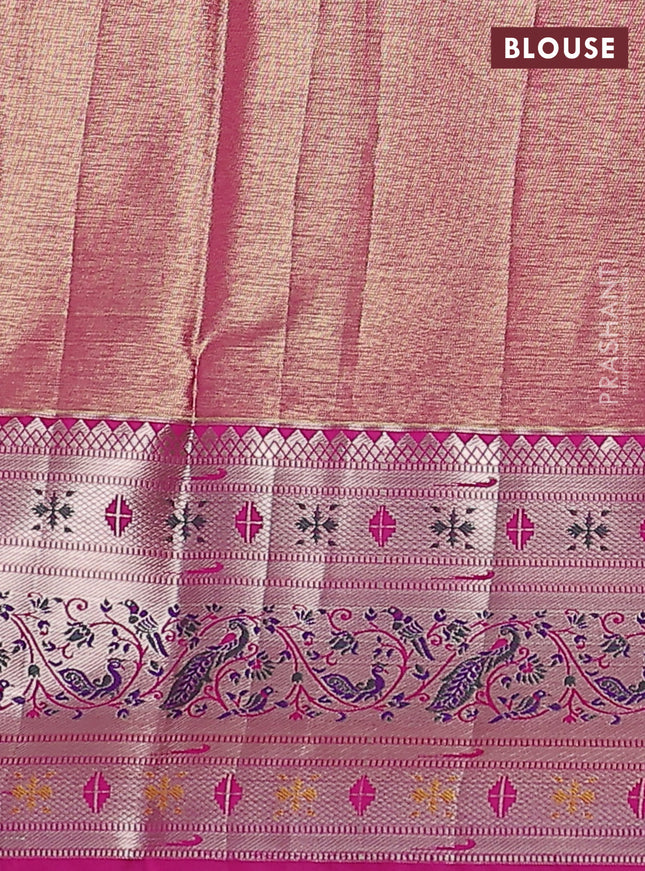 Tissue paithani silk saree teal shade and pink with allover zari woven brocade weaves and zari woven paithani style border