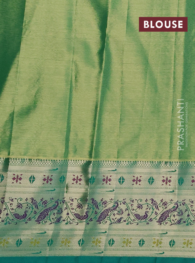 Tissue paithani silk saree dual shade of pastel grey and teal green with allover silver zari woven brocade weaves and zari woven paithani style border