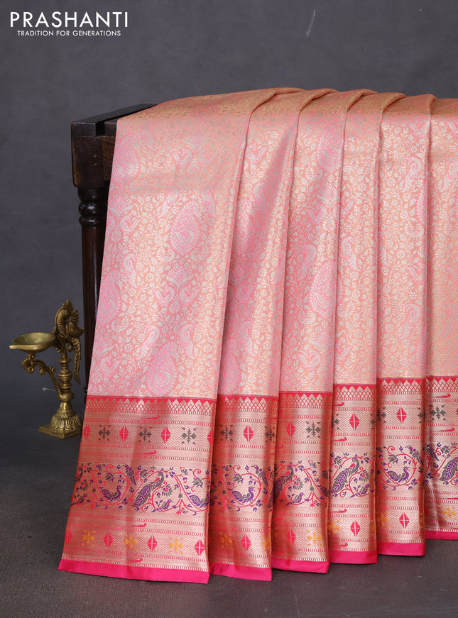 Tissue paithani silk saree peach pink and pink with allover silver zari woven brocade weaves and long zari woven paithani style border