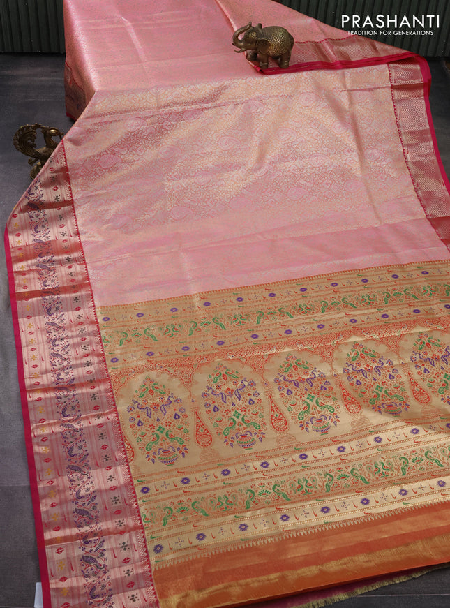 Tissue paithani silk saree peach pink and pink with allover silver zari woven brocade weaves and long zari woven paithani style border