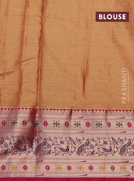 Tissue paithani silk saree peach pink and pink with allover silver zari woven brocade weaves and long zari woven paithani style border