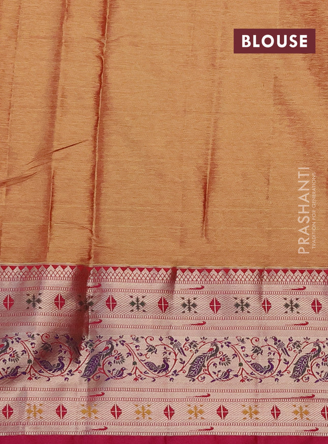 Tissue paithani silk saree peach pink and pink with allover silver zari woven brocade weaves and long zari woven paithani style border
