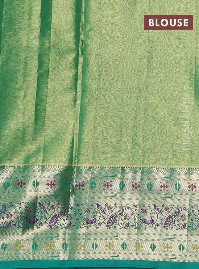 Tissue paithani silk saree cream and teal green with allover silver zari woven brocade weaves and long zari woven paithani style border
