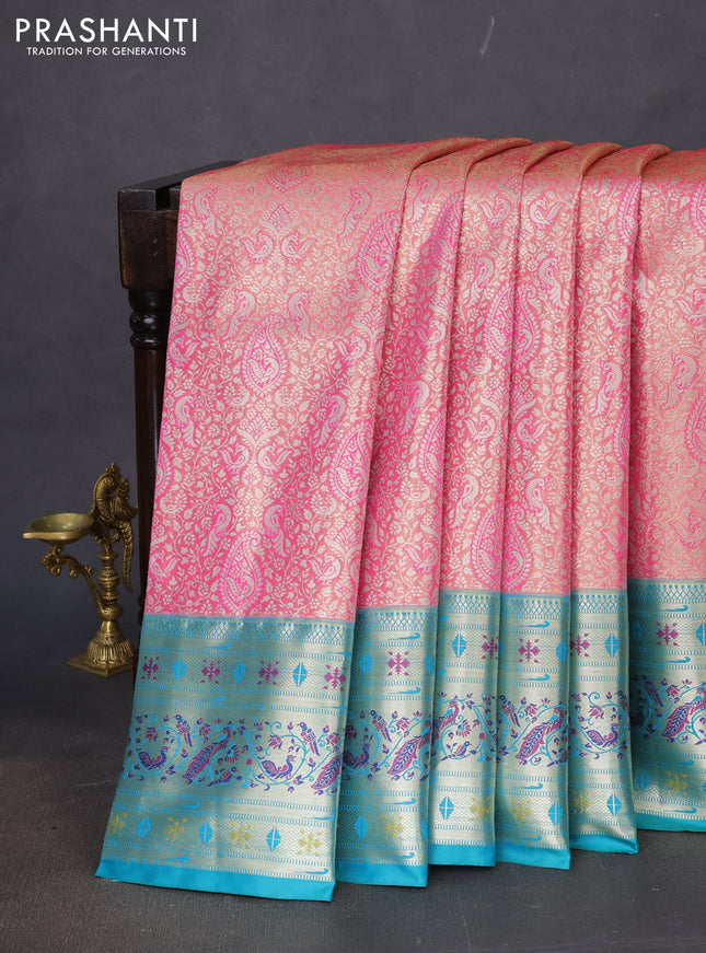 Tissue paithani silk saree peach pink and teal green with allover silver zari woven brocade weaves and long zari woven paithani style border