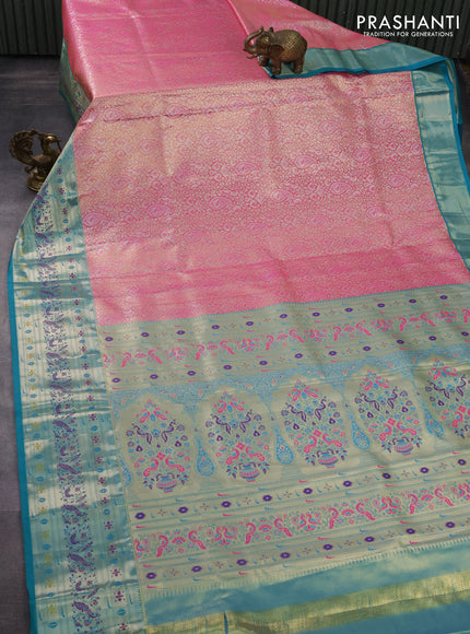 Tissue paithani silk saree peach pink and teal green with allover silver zari woven brocade weaves and long zari woven paithani style border