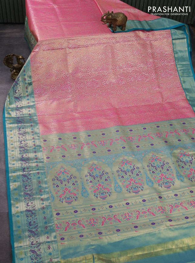 Tissue paithani silk saree peach pink and teal green with allover silver zari woven brocade weaves and long zari woven paithani style border