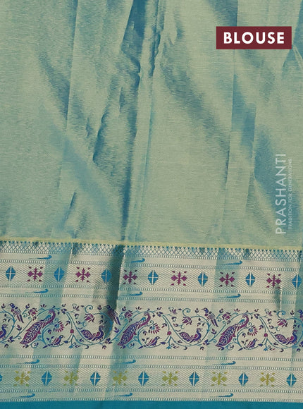 Tissue paithani silk saree peach pink and teal green with allover silver zari woven brocade weaves and long zari woven paithani style border