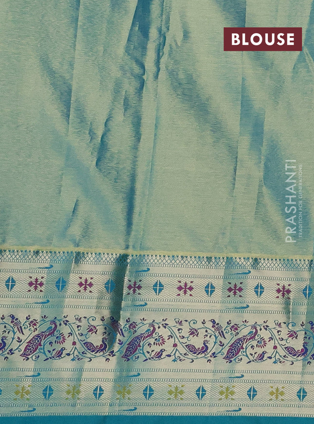 Tissue paithani silk saree peach pink and teal green with allover silver zari woven brocade weaves and long zari woven paithani style border