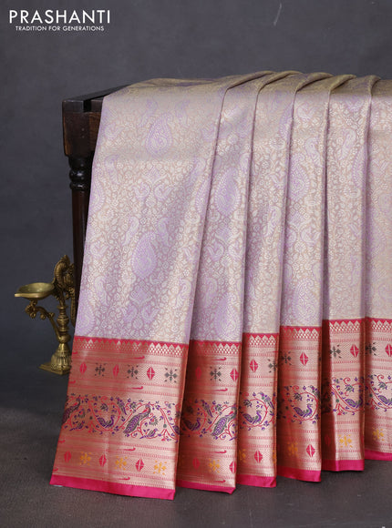 Tissue paithani silk saree lavender shade and pink with allover silver zari woven brocade weaves and zari woven paithani style border