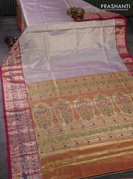 Tissue paithani silk saree lavender shade and pink with allover silver zari woven brocade weaves and zari woven paithani style border