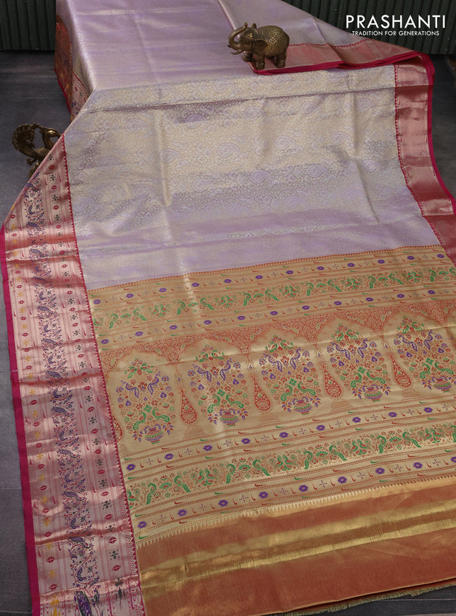 Tissue paithani silk saree lavender shade and pink with allover silver zari woven brocade weaves and zari woven paithani style border