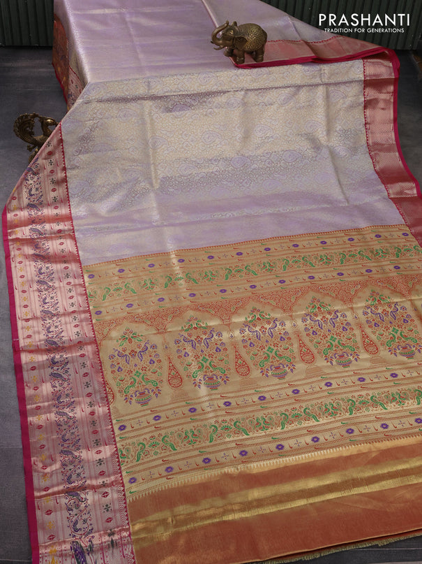 Tissue paithani silk saree lavender shade and pink with allover silver zari woven brocade weaves and zari woven paithani style border