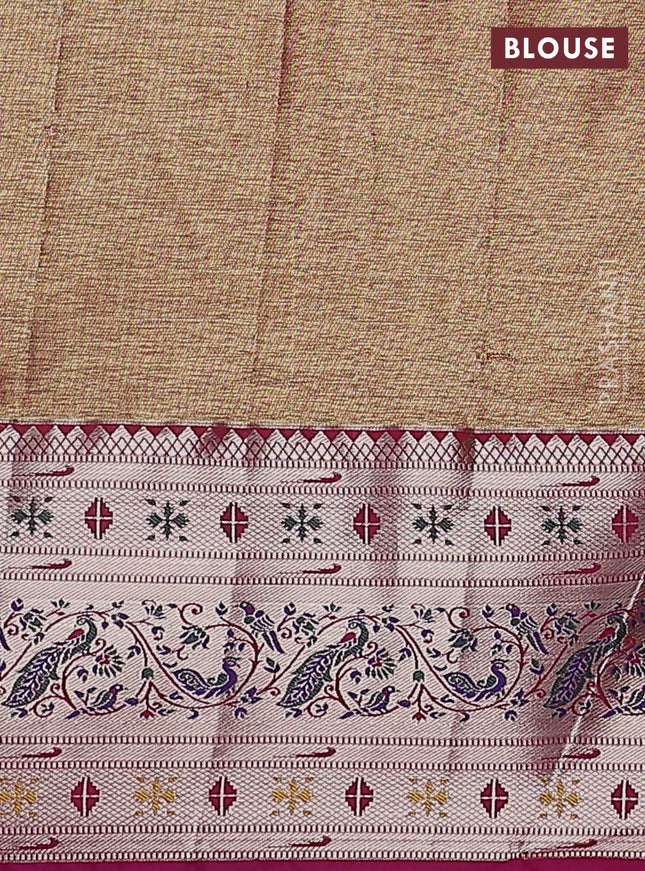 Tissue paithani silk saree cream and magenta pink with allover zari woven brocade weaves and long zari woven paithani style border