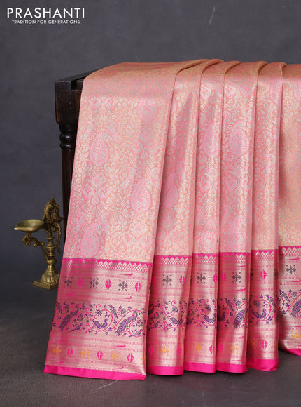 Tissue paithani silk saree peach pink and pink with allover silver zari woven brocade weaves and zari woven paithani style border