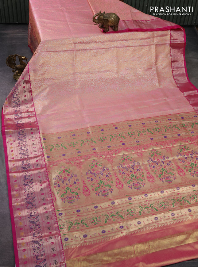 Tissue paithani silk saree peach pink and pink with allover silver zari woven brocade weaves and zari woven paithani style border