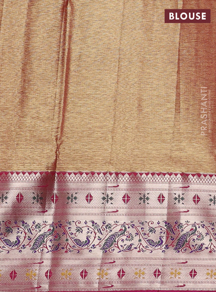 Tissue paithani silk saree pastel green and magenta pink with allover silver zari woven brocade weaves and zari woven paithani style border