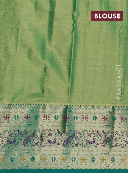 Tissue paithani silk saree yellow and teal green with allover silver zari woven brocade weaves and zari woven paithani style border