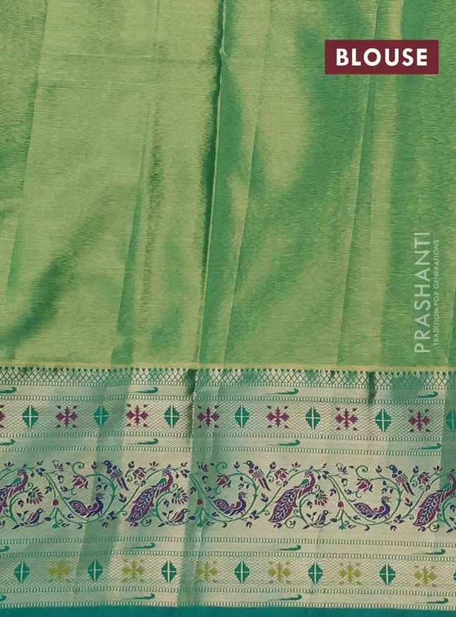 Tissue paithani silk saree cream and teal green with allover silver zari woven brocade weaves and zari woven paithani style border