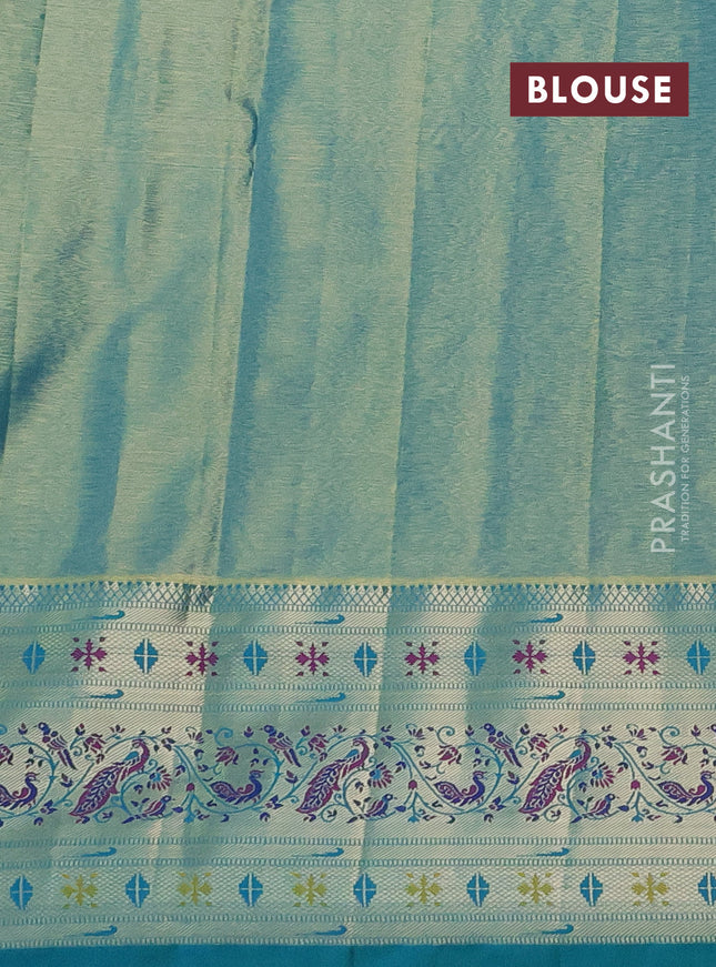 Tissue paithani silk saree mustard yellow and teal green with allover silver zari woven brocade weaves and zari woven paithani style border