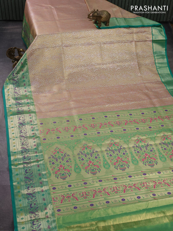 Tissue paithani silk saree pastel peach and teal green with allover silver zari woven brocade weaves and zari woven paithani style border