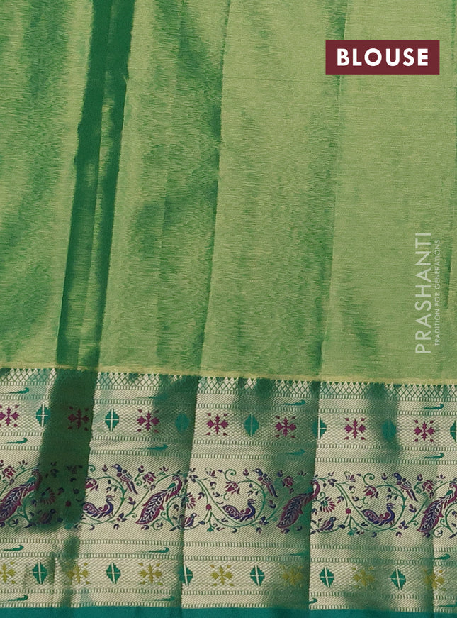 Tissue paithani silk saree pastel peach and teal green with allover silver zari woven brocade weaves and zari woven paithani style border