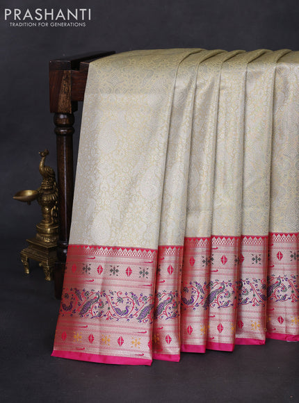 Tissue paithani silk saree cream and pink with allover silver zari woven brocade weaves and zari woven paithani style border