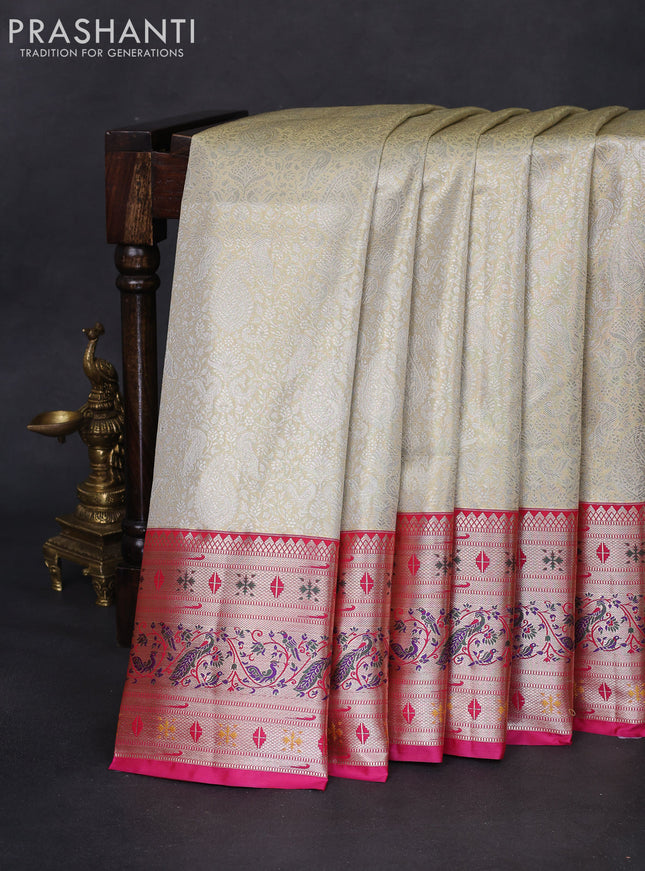Tissue paithani silk saree cream and pink with allover silver zari woven brocade weaves and zari woven paithani style border