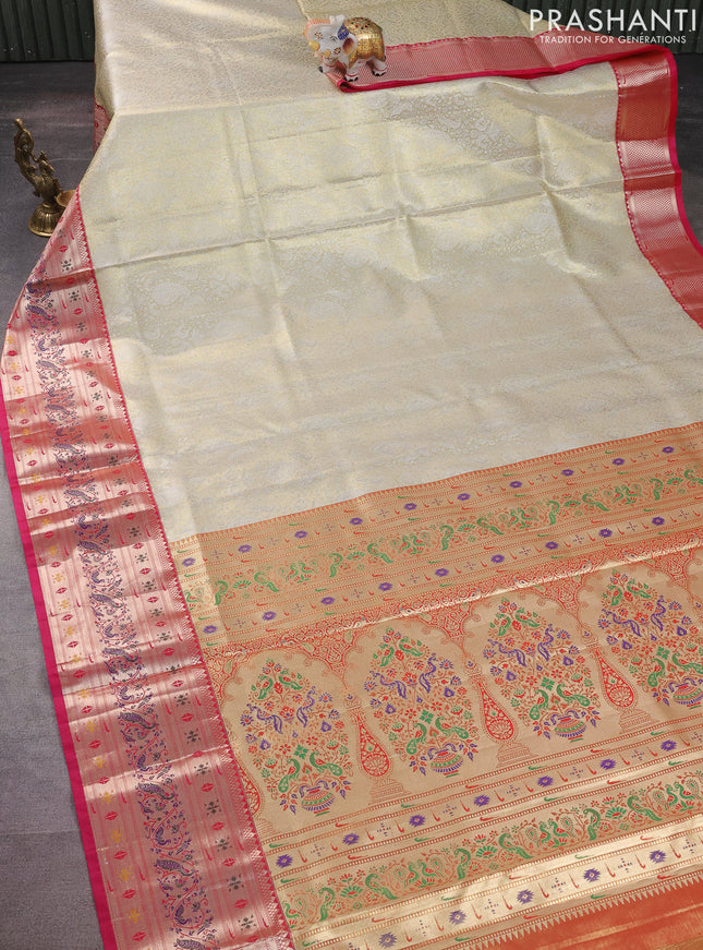 Tissue paithani silk saree cream and pink with allover silver zari woven brocade weaves and zari woven paithani style border