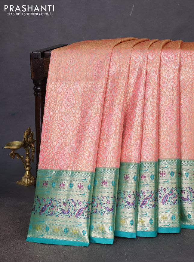 Tissue paithani silk saree peach pink and teal green with allover silver zari woven brocade weaves and zari woven paithani style border