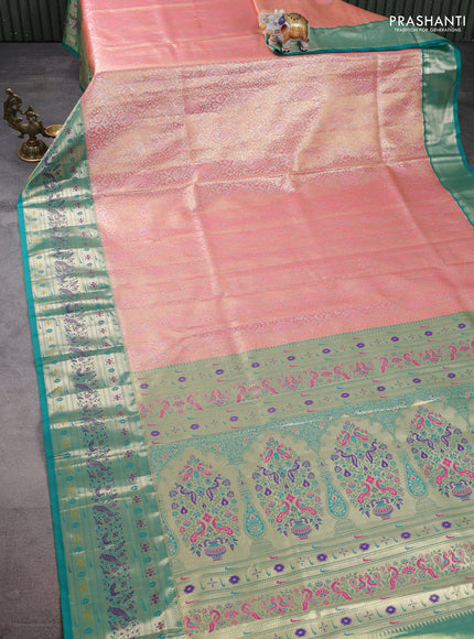 Tissue paithani silk saree peach pink and teal green with allover silver zari woven brocade weaves and zari woven paithani style border