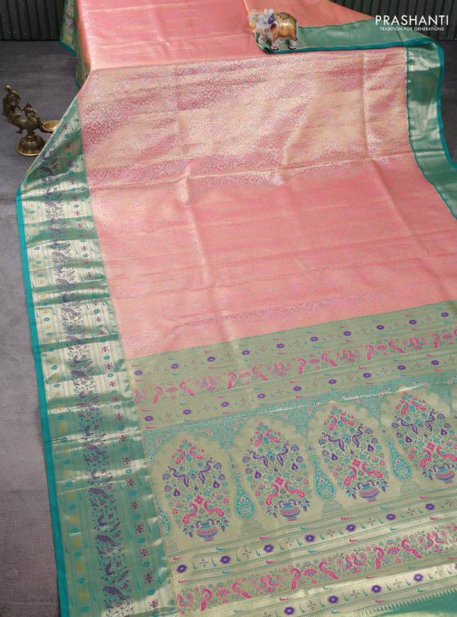 Tissue paithani silk saree peach pink and teal green with allover silver zari woven brocade weaves and zari woven paithani style border
