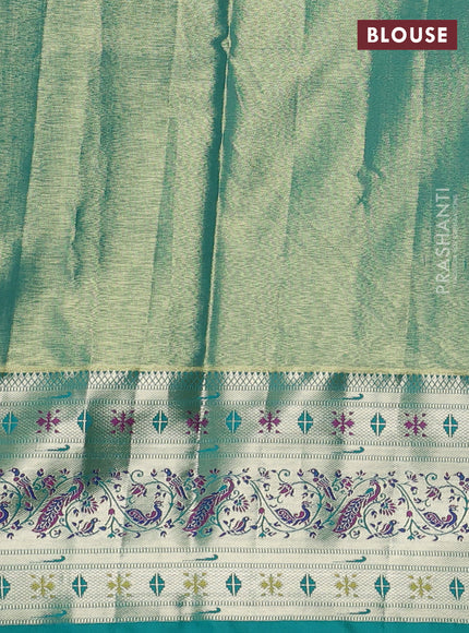 Tissue paithani silk saree peach pink and teal green with allover silver zari woven brocade weaves and zari woven paithani style border