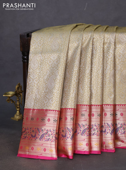 Tissue paithani silk saree beige and magenta pink with allover silver zari woven brocade weaves and zari woven paithani style border
