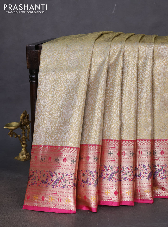 Tissue paithani silk saree beige and magenta pink with allover silver zari woven brocade weaves and zari woven paithani style border