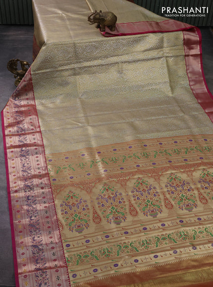 Tissue paithani silk saree beige and magenta pink with allover silver zari woven brocade weaves and zari woven paithani style border