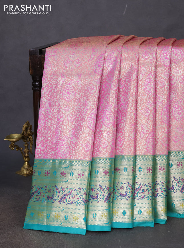 Tissue paithani silk saree light pink and teal green with allover silver zari woven brocade weaves and zari woven paithani style border